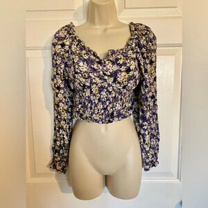 NWOT Elodie Womens Top Navy Floral Print Smocked Long Sleeve Cropped Size S